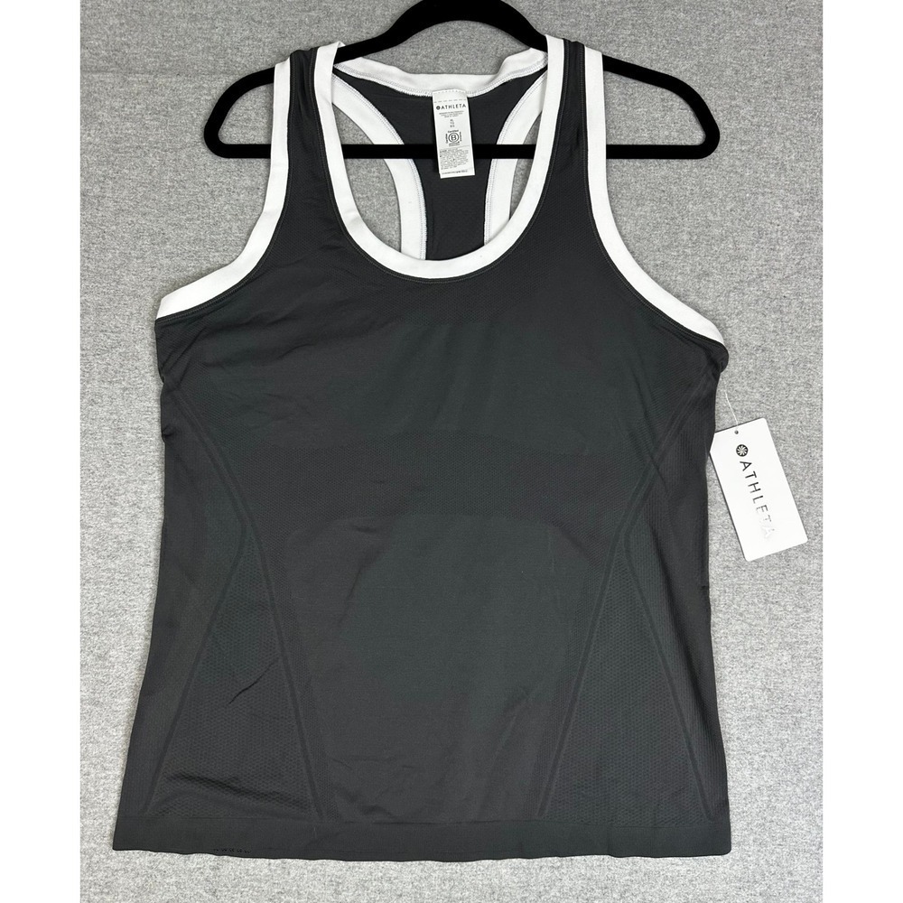 Athleta Momentum Seamless Tank Top XL Shadow Grey White Trim Racerback NEW